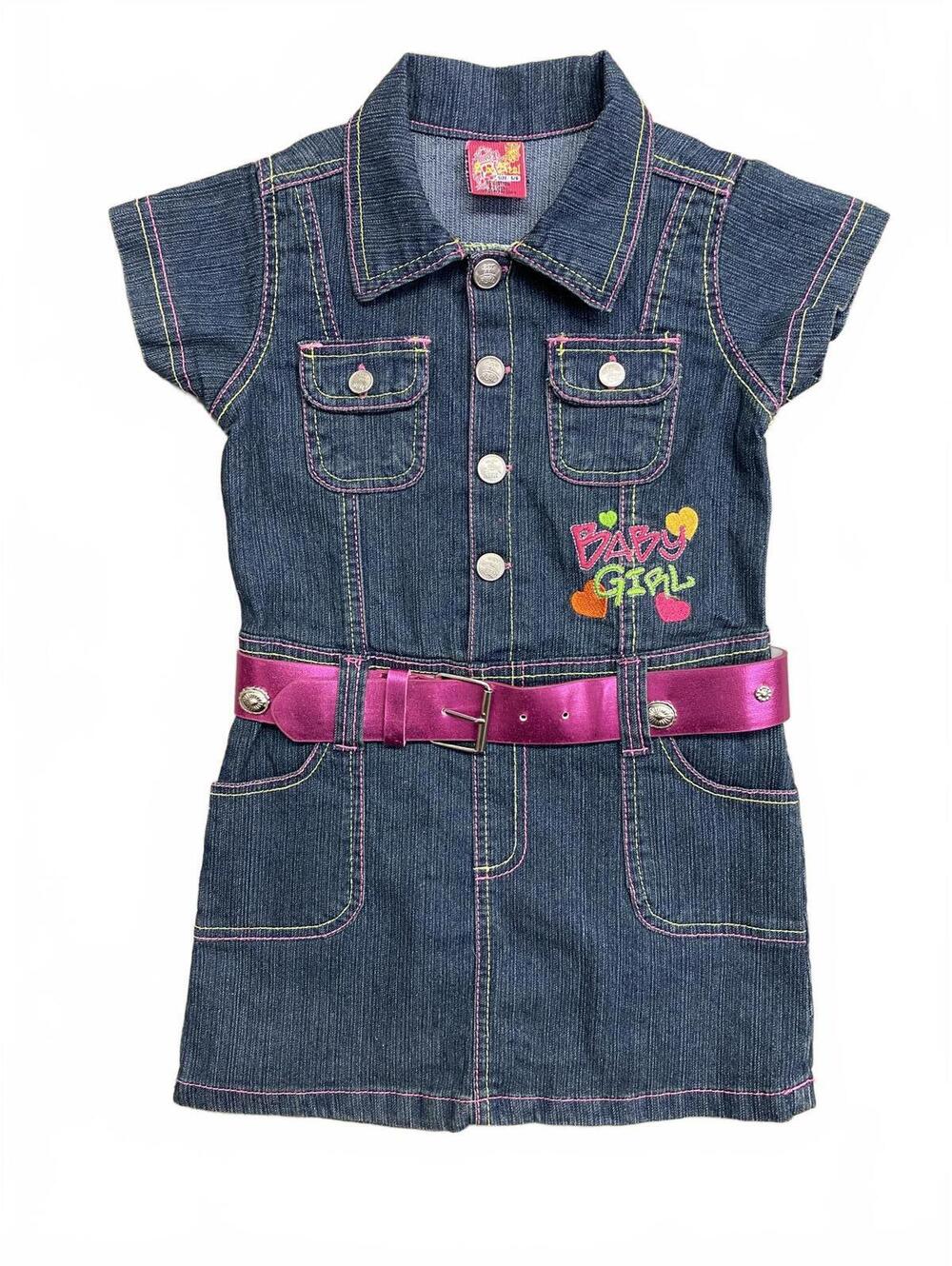 2B Real Girls' Denim Dress w Pink Belt and Embroidered 'Baby Girl' Design Sz 5/6
